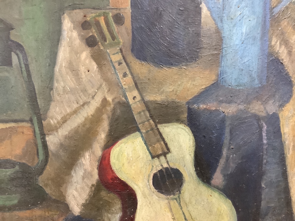 Continental School, oil on canvas, Still life with guitar and lantern, 86 x 86cm